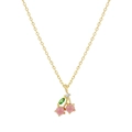 Exquisite gold chain necklace featuring a pink crystal cherry pendant with green leaf detail - Pink Cherry Style (XL00054)