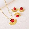 Vintage fan-shaped gold jewelry set with square red gems including necklace, earrings and ring - Red Zirconia Set