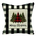 Christmas linen pillow cover with buffalo plaid border and leopard print trees - Style 17-B&W Plaid Five Trees