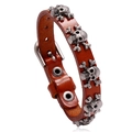 Bracciale punk in pelle marrone con teschi in metallo argento e fibbia regolabile - Cuoio