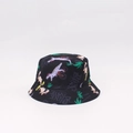 Kids reversible sun hat with colorful dinosaur and shark prints on black fabric - One Size (48-53cm Head Circumference) / Black
