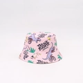 Close-up of pink sun hat with cartoon dinosaur print and Think Brave California text - One Size (48-53cm Head Circumference) / Pink