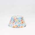 Detailed view of kids floral bucket hat with orange and yellow flower pattern on white base - One Size (48-53cm Circumference) / White