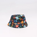 Detail of colorful floral print on kids black cotton sun hat with wide brim - One Size (48-53cm Circumference) / Black