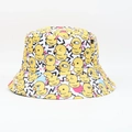 Detail view of the yellow duck print and vibrant patterns on a white cotton bucket hat - One Size / Geometric Line Duck / White