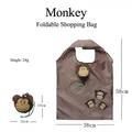 Brown foldable shopping bag with monkey pattern showing expanded and folded compact size - Monkey