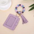Purple floral silicone bead wristlet keychain with PU leather card holder and tassel - Purple