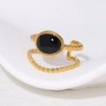 Minimalist double layer gold stainless steel ring with oval black stone and twisted texture - Black
