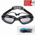 Schwarze Schwimmbrille für Erwachsene mit integrierten Ohrstöpseln und Antibeschlag-Gläsern - Beutelverpackung / Transparentes Schwarz