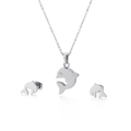 Polished silver dolphin necklace and earrings set with crystal eyes on white background - Steel Color (KS132922-K)