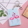 Cartoon blue card holder with pink flamingos and silver metal keychain ring - Lover Flamingos