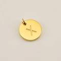 Golden round stainless steel charm pendant featuring engraved letter X with a polished finish - Letter X (XRS-1456) / Gold