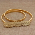 Elastic gold leaf metal waist belt with delicate leaf buckle and snake chain texture - Gold Triple Overlapping Leaves