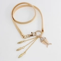Elastic gold metal belt for women with rhinestone fishbone charm and leaf accents - Gold Rhinestone Fishbone with Tassels