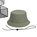Detail of army green quick-dry bucket hat featuring adjustable black windproof chin strap - Green