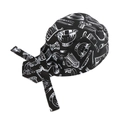 Adjustable chef bandana hat in black with white kitchen tool print and slogan - Cutlery Pattern