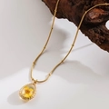 Vintage gold titanium steel necklace featuring a real yellow dried flower teardrop pendant - |water Drop-yellow