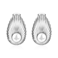 Elegant 18K silver-plated stainless steel shell-shaped earrings with white pearl inlay - Oval Striped Steel Earrings with White Faux Pearls (MS-492)