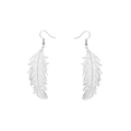 Macro detail of silver feather drop earrings with intricate hollow design and hooks - White Gold Plated