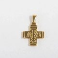 Detailed macro view of a gold-plated Chi-Rho and Alpha Omega symbol cross pendant - K23-Cross / Gold