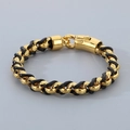 Bracciale da uomo con catena dorata e pelle nera con dettagli a greca incisi - Stile Meandro Oro (KB68868-BD)