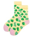 Women mid-calf cotton socks in pale yellow with green lime patterns and pink accents - Yellow Lime