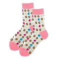 Pink and white cotton crew socks with sweet donut and coffee cup printed patterns - White Donut