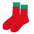 Mid-calf cotton strawberry pattern socks with red body and green ruffled cuffs - Red Strawberry