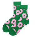 Women's crew socks in green featuring pink frosted donut patterns made of soft cotton - Green Donut