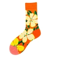 Orange cotton mid-calf sock with colorful floral patterns and a pink toe accent - Orange Mixed Floral Pattern (1345C)