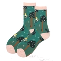 Green cotton crew socks with pink accents and cute animal cartoon patterns for daily wear - Green Pink Strawberry Pattern (3556C)
