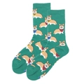 Green mid-calf socks featuring all-over cartoon Corgi patterns with colorful bandanas - Green Corgi Dog Pattern (2315C)