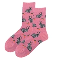 Pink mid-calf cotton socks with cute grey rabbit and orange carrot patterns - Pink Rabbit Carrot Pattern (2320C)
