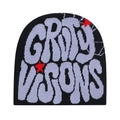 Close-up of knit texture on black beanie with purple lettering and red star detail - 6-Black with Grey Letters