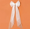 Elegant white tulle bow hair clip with delicate pearls and long ribbons on orange background - White Double Layer Hair Clip