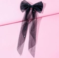 Elegant black mesh bow hairclip with long ribbons and delicate scattered white pearls - Black Double Layer Hair Clip