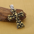 Detail view of vintage silver cross pendant with gold-plated skull relief on wood - Pendant Only / Retro Gold (KP55869-BD)