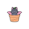 Cartoon enamel pin featuring a bat in a red planter pot with pink wing accents - Bat in Pot