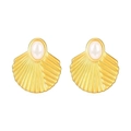 Elegant gold fan-shaped stainless steel earrings with white pearl inlay for women - Shell Earrings with White Faux Pearls Gold (MS-445)
