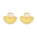 Elegant 18K gold-plated fan-shaped stainless steel earrings with central pearl inlay - Fan-Shaped Pearl Inlaid Earrings Gold (MS-451)