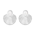 Silver geometric fan-shaped stainless steel earrings with white pearl inlay - Shell Earrings with White Faux Pearls Steel (MS-445)