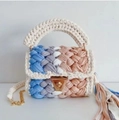 Handmade gradient woven crochet bag with colorful tassels and golden chain strap - Blue Gray White Pink Gradient