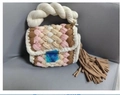 Handmade woven crossbody bag in pink, brown and beige with white rope handle - Pink Brown Beige