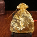 Golden rose floral organza gift pouch with drawstring closure for jewelry packaging - 7x9cm / Gold