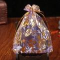Purple organza gift bag with gold rose pattern and double drawstring closure - 7x9cm / Purple