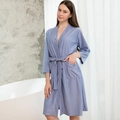 Women's mid-length waffle knit bathrobe in foggy blue with waist tie and pockets - Azure Blue (Women)