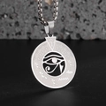 Detail shot of silver stainless steel Eye of Horus pendant with Egyptian hieroglyphs - Steel Color