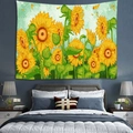 Dettaglio dell'arazzo murale con girasoli con foglie verdi e fiori gialli ad acquerello - 150x130 / Girasole