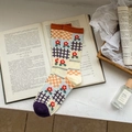 Vintage argyle and floral knit cotton crew socks in cream and orange colors - Rural Floral Plaid