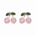 Detail of red cherry pendant charm with golden stem and green leaf for DIY jewelry - Pink